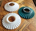Lot of 3 Antique Ruffled Petticoat Green & Milk Glass Oil Lamp Chimney Shades 8"