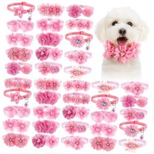 40 Pcs Dog Collar Flowers Puppy Bows Adjustable Small Middle Dogs Cats Pink