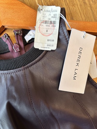 NWT Derek Lam 10 Real Leather Crosby Flared Leather Dress Burgundy Mini: Size 0 - Picture 5 of 7