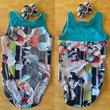 Plum Practicewear Teal Mesh Abstract Gymnastics Leotard Sz AXS Adult X Small EUC