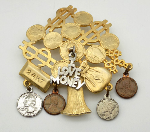 Vintage Money Grows on Trees Brooch Pin Dangling Coin Charms I Love Money Pin