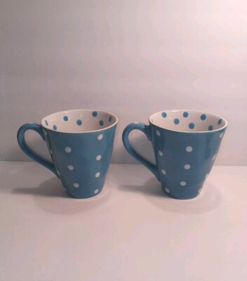 Maxwell & Williams Blue & White Dotted Coffee Cups. 2- 18 oz. 4.25 X 4.25'' Large