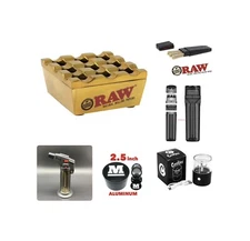 Raw Vanash Windproof Ashtray gold+raw three tree cone case+grinder+torch+loader
