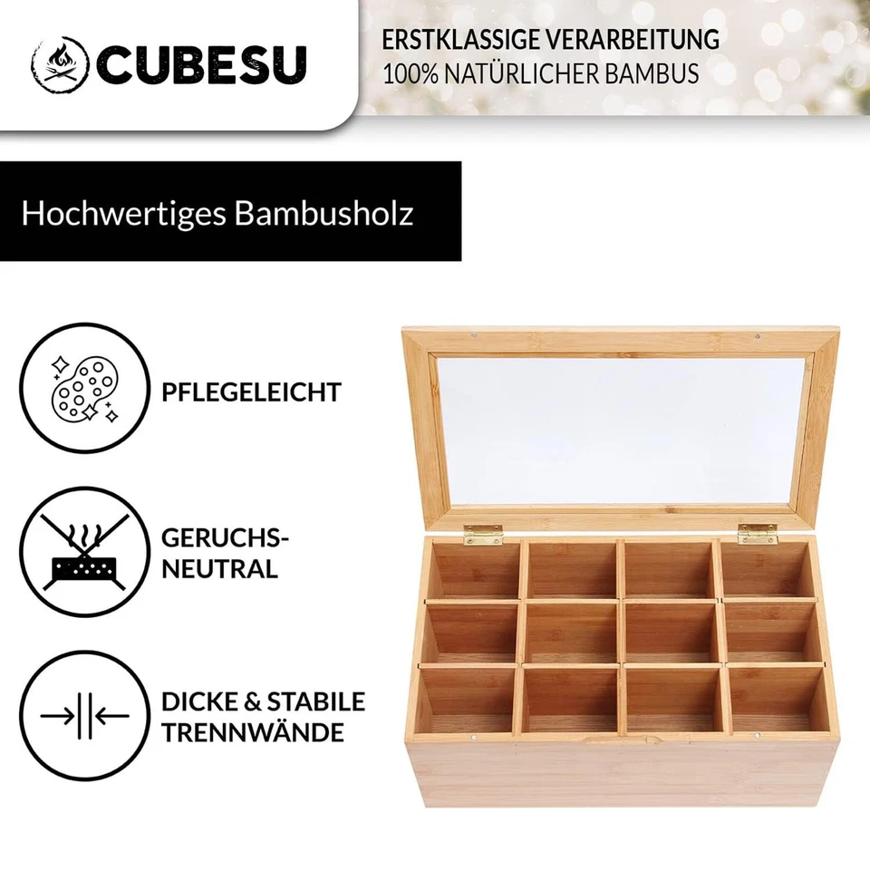 Premium Holz Teebox 12 Fächer mit Sichtfenster & Schublade Teebeutelbox Teekiste - Bild 3 von 4