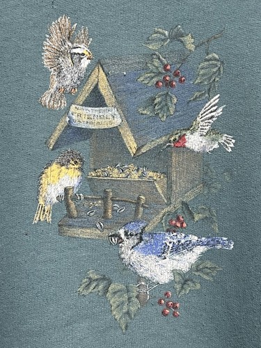 Vintage 1990s Green Faux Double Collar Crewneck Sweatshirt Grandma XL Birds - Picture 3 of 9