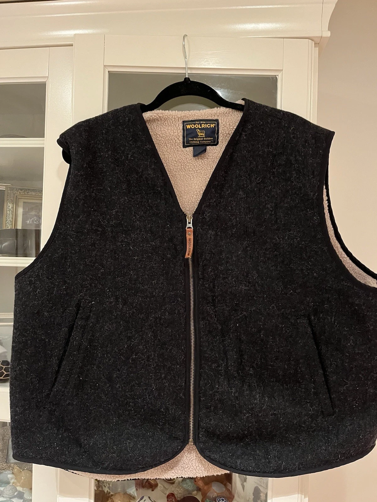 Vtg Woolrich Vest Mens XL Sherpa Lined Wool Blend Full Zip Charcoal Gray