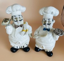 Pair Of Chubby Chef Figurines Holding Baked Goods Kitchen Decor