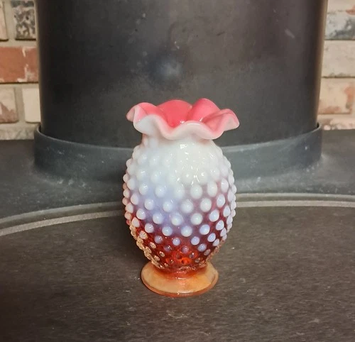 Vintage Fenton Cranberry Hobnail 3 3/4" FULL RUFFLED TOP Opalescent Bud Vase