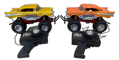 Lot 2 Vtg New Bright Mud Slinger Shocker 4x4 RC Monster Trucks '57 Chevy UNUSED