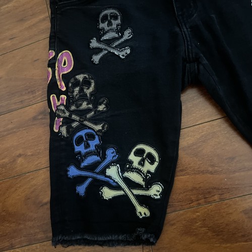 Crysp Denim Jean Shorts Jorts Men's 32 Black Stretch Denim Skull Embroidered Y2K - Picture 8 of 14
