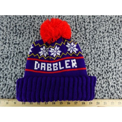 Purple Beer Dabbler Knit Beanie Hat Red Pom Pom Winter Snowflakes