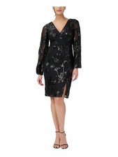 ADRIANNA PAPELL Womens Black Lined Long Sleeve Knee Length Sheath Dress 2