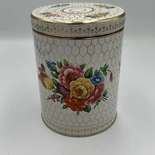 Vintage Tin Box Company Made England Floral Gold Accent Round Cylinder Container