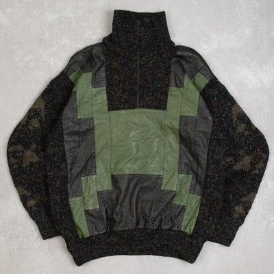 Vintage Leder Patch Quarter Zip Strickpullover Large Herren 80er schwarz