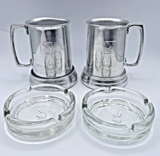 Playboy Club Barware Set 4pc Glass Ashtrays Metal Mugs 1970s Vintage Lounge NJ