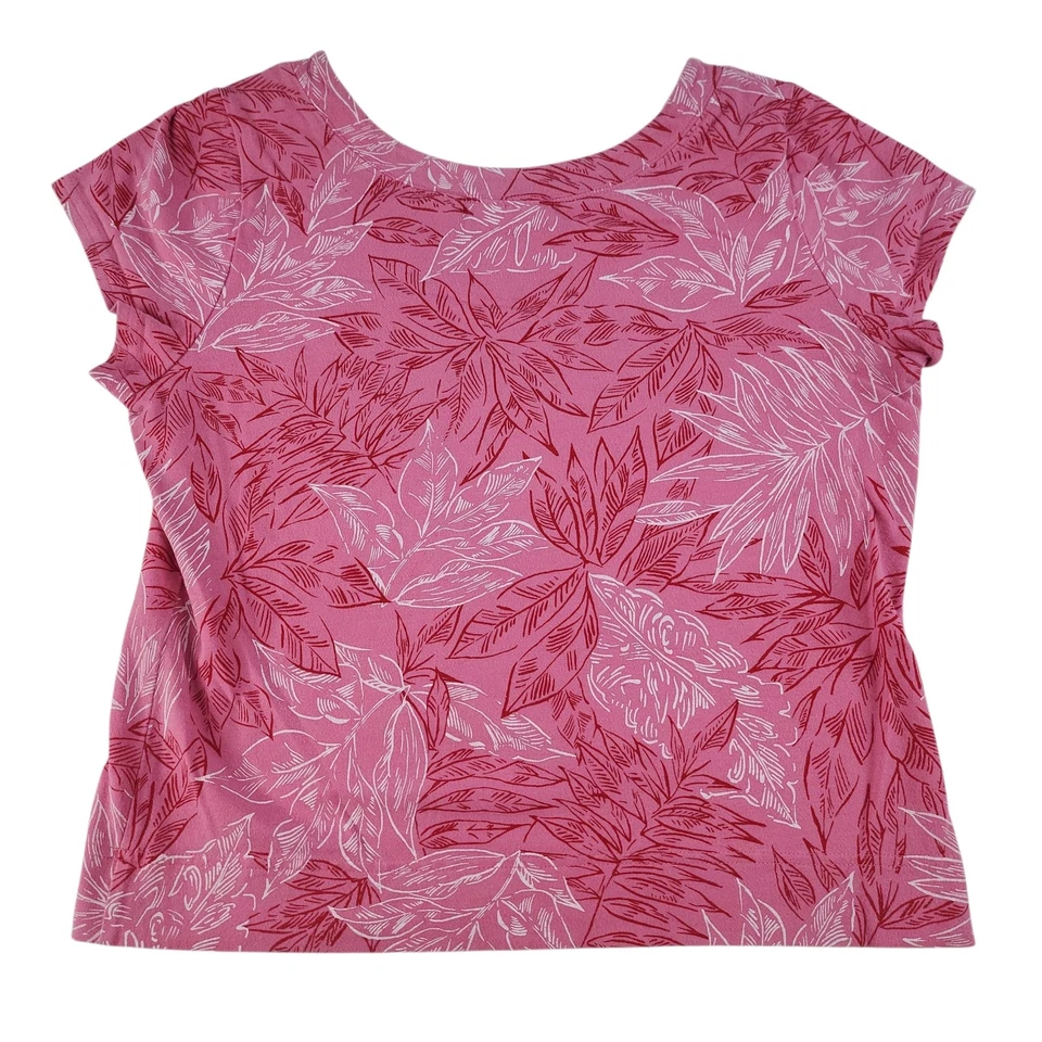 Pink Floral Shirt Womens PM Medium Petite White Red Cap Sleeve Round Neck Comfy - Image 3 of 4