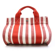 HERMES HERMES Handbag Tote Bag Cannes PM Cotton Red Ivory Silver Ladies Free  Us