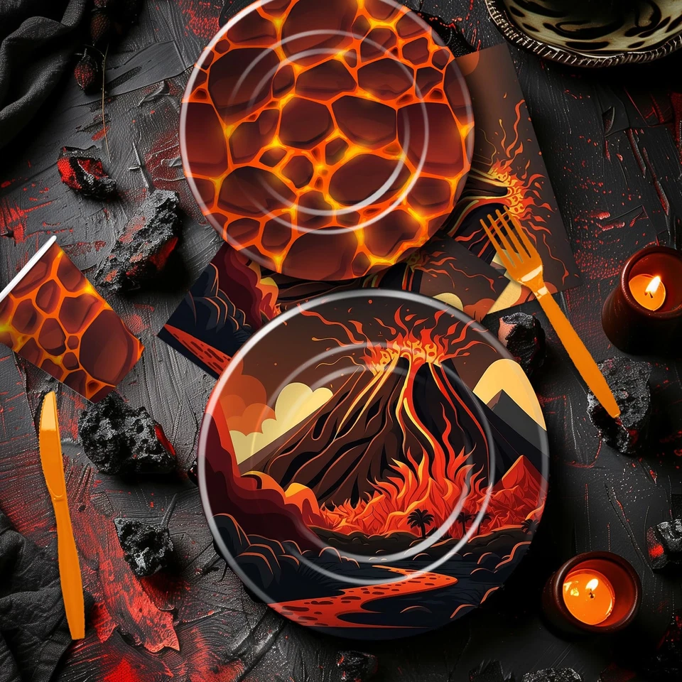 Juego de decoraciones de fiesta volcán vajilla temática lava caliente 24 piezas dinosaurio dinosaurio Foto 4 de 4