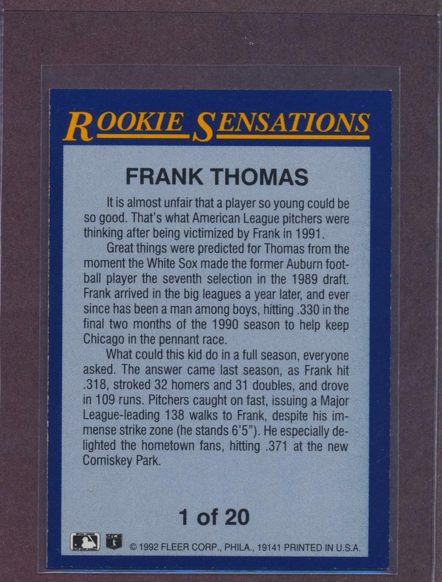 1992 Fleer Rookie Sensations Frank Thomas #1 HOF White Sox Insert
