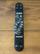 Women's Fashion Black Leather Rhinestone Chain Adjustable Cuff Wrap Bracelet