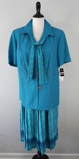 New Vtg 80s 90s Leslie Fay Blue 2 Pc Short Sleeve Blazer Scarf Skirt Suit Sz 18