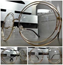 OVERSIZED VINTAGE RETRO Style Clear Lens EYE GLASSES Huge Large Round Gold Frame