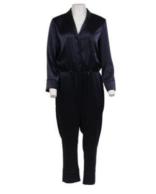 Nanushka Jumpsuit Size Large Navy Blue Tech Satin Romper Wide Leg Pocket
