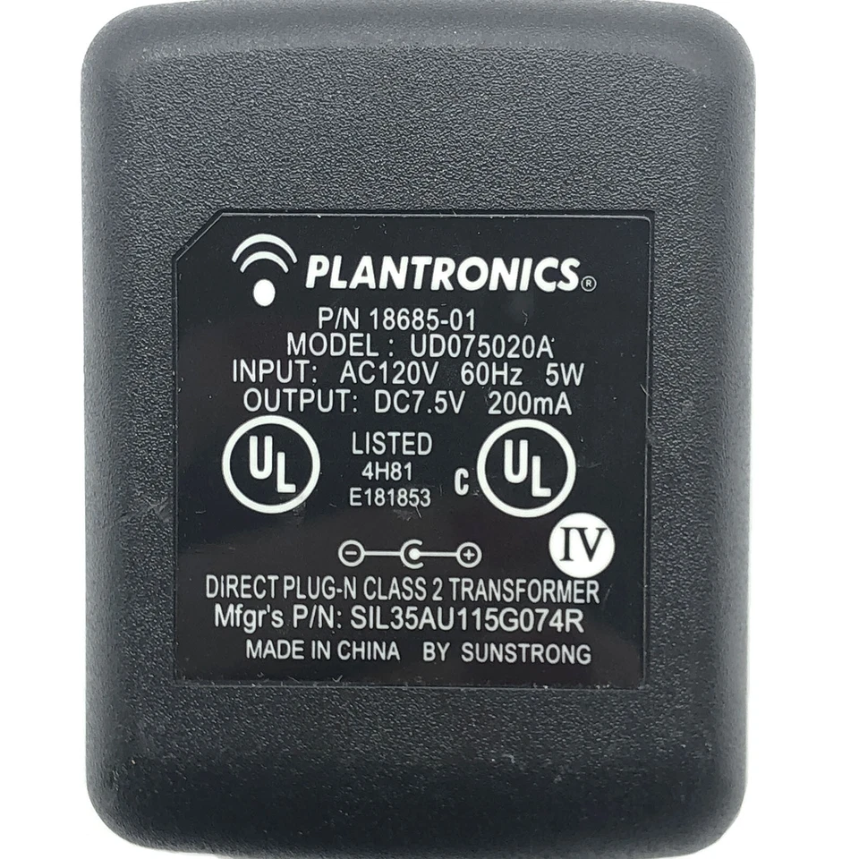 NEW Genuine Plantronics UD075020A AC Adapter 7.5V 0.2A Power Supply 18685-01 OEM - Image 2 of 4