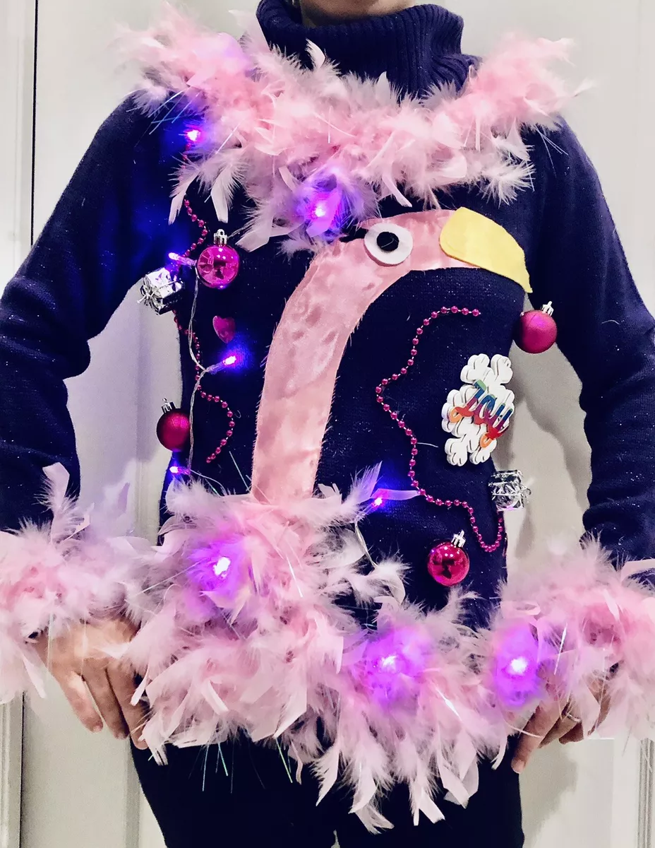 FLAMINGO Ugly Christmas Sweater Boa Feathers Tacky Lights Up Women's small