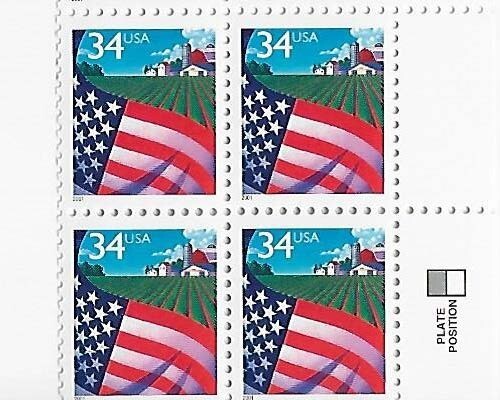 US FLAG over Farm 34c Stamp block of 4 low printing WAG issue! Scott #3469 - Picture 1 of 1