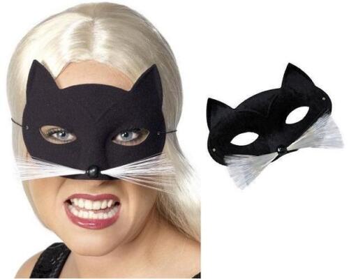 Unisex Fancy Dress Cat Mask with Whiskers Black/White Facemask by Smiffys - Picture 1 of 4