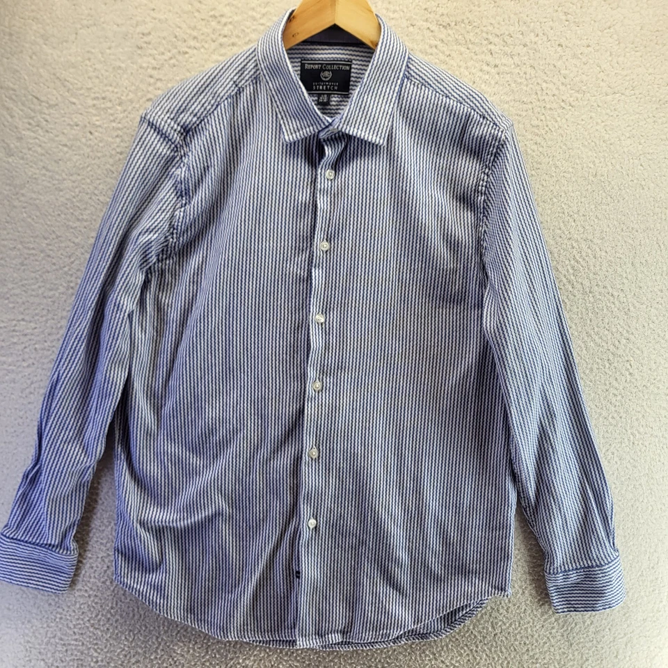 Report Collection Button Shirt Mens Large BLue STriped 16.5 34/35 Performance - Image 2 of 4