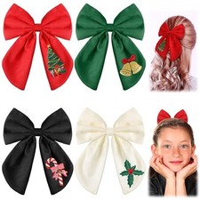 4 Pcs Large Christmas Hair Bows for Girls Women Hand Embroidered Satin Bows