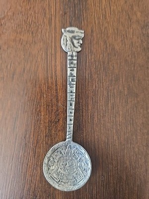 Mayan Calendar Bowl Tribal Mask At Top Silver Souvenir Spoon 15.8 Grams 4-5/8 