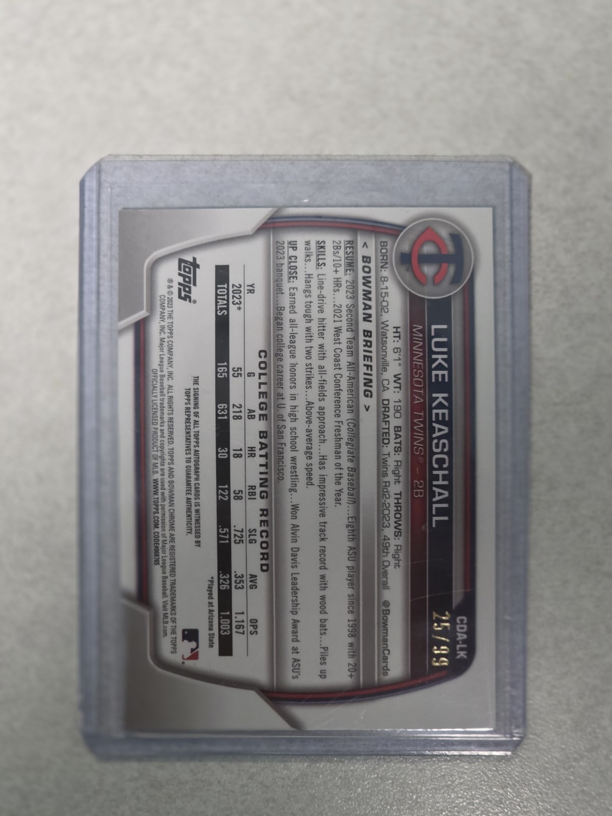 LUKE KEASCHALL 2023 BOWMAN CHROME DRAFT 1ST GREEN LAVA AUTO /99 #CDA-LK view 2