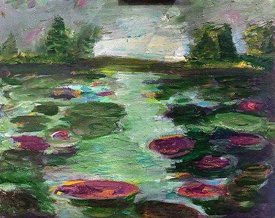 Lilly Pond Evening Abstract Impression Original Art Canvas, One Of A Kind