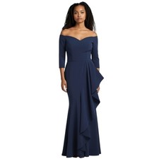 Kay Unger Isolde Column Gown 8 Navy Blue Ruffle Wedding Mother Bride Formal NEW