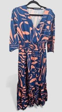 Ladies Maxi V Neck Summer Navy/Orange Printed Dress 12