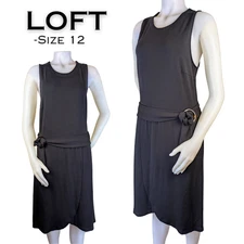 Loft Tank Dress 12 Black Jersey Knit Sleeveless Faux Wrap Drop Waist Belted