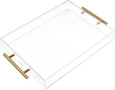 New 12"x16" Clear Acrylic Serving Tray with Golden Handles, Sturdy Huge Capacity