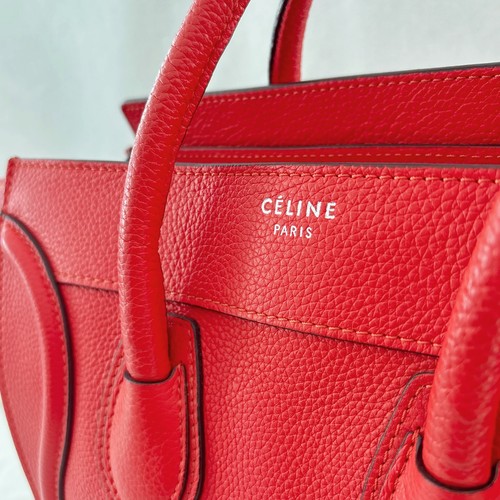 Celine Drummed Calfskin Micro Luggage Vermillion Leather Tote Hand Bag Authentic - Picture 7 of 9