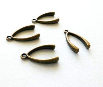 Wishbone Charms Antiqued Bronze Thanksgiving Pendants Holiday Findings 24mm 4pcs