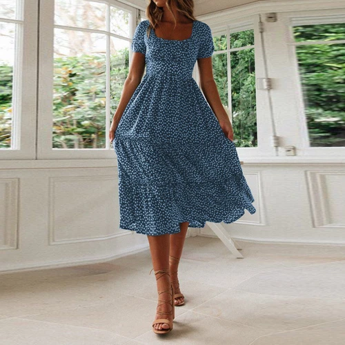 Womens Boho Short Sleeve Summer Print Dress Ladies Beach Casual Midi Sundresses - Picture 5 of 8