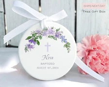 Personalized Baptism Ornament – Custom Name & Date – Purple Floral Cross Gift