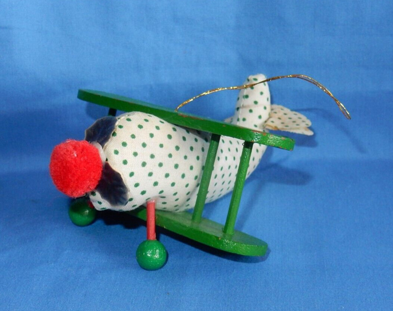 Vintage Russ Berrie Fabric & Wood Green & White BiPlane Christmas Ornament