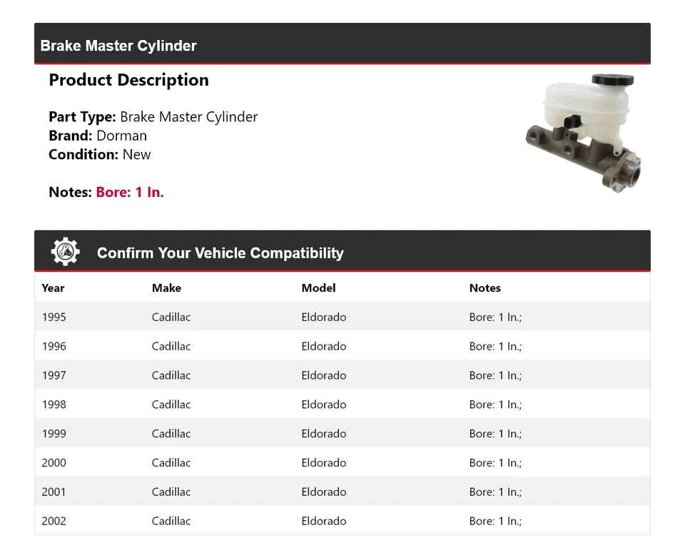 Cilindro maestro de freno para Cadillac Eldorado Dorman 1995-2002 1996 1997 1998 1999 Foto 2 de 4