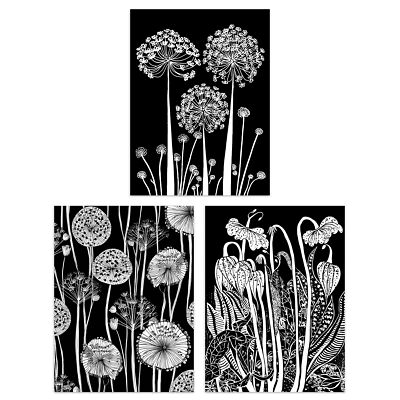 Elegant Allium and Arisaema Flowers Artwork White on Black Poster 3 Pack 12X16''