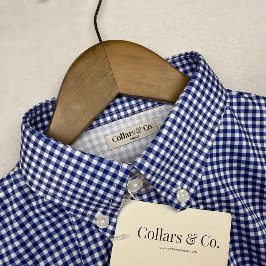 Collars Co Polo Shirt Men's Small Blue White Gingham Check Plaid Button Down NEW