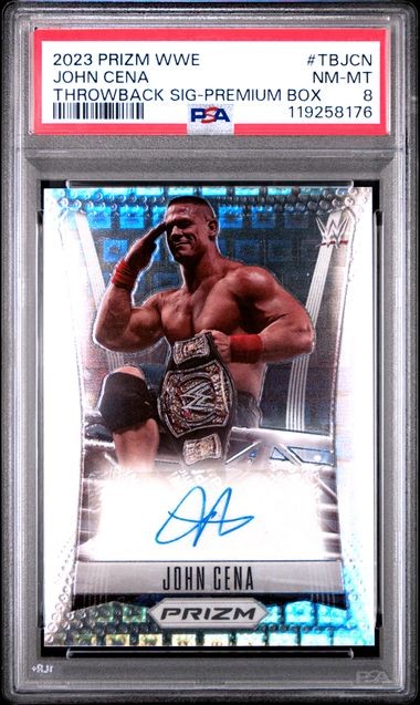 2023 Panini Prizm WWE #TB-JCN John Cena Throwback Signatures Mojo PSA 8 #/25