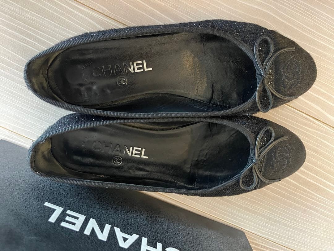 Chanel Ballet Flats Shoes Black Tweed Embroidered Logo Size 38 US Abt8 For Women thumbnail 14